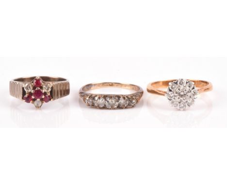 Three rings, one antique old cut diamond ring, set with five old cut diamonds, mount stamped 18 ct, ring size P, vintage ruby