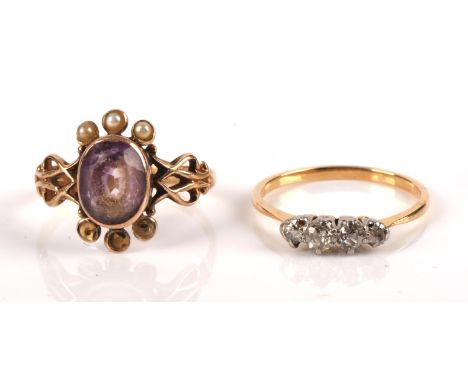 Two gem set rings, including a four stone old cut diamond ring, in 18 ct, size L and an amethyst and pearl ring, in tested 9 