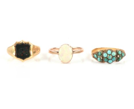 Three antique rings, blood stone signet, mounted in 18 ct, ring size F 1/2, a turquoise set ring, size K and a opal dress rin