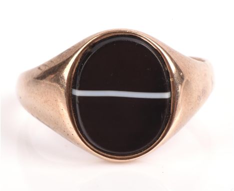 A gold signet ring set with banded agate hallmarked 9 ct. London 1855, ring size QCondition Report:  Gross weight 4.2gsmall i
