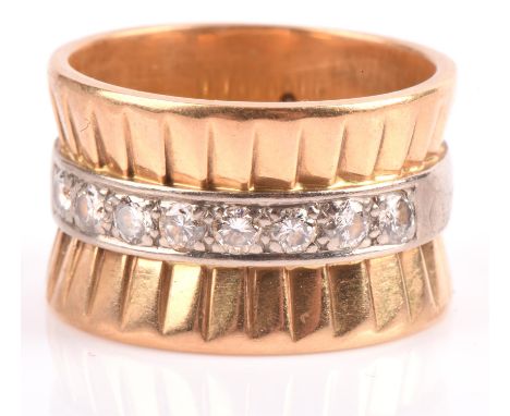 Diamond band ring, 11.5mm yellow metal pleated band, with a 4.5mm white metal band through the central, set with eight round 