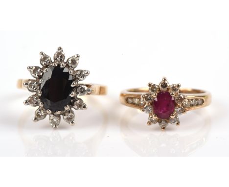 Two rings, including a ruby and diamond cluster ring with diamond shoulders in 9 ct yellow gold, hallmarked with an import ma