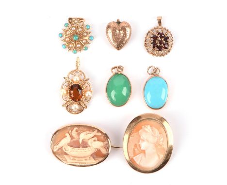 A group of brooches and pendants, including a cameo depicting Pliny's doves, a portrait cameo, in 9 ct, an antique seed pearl