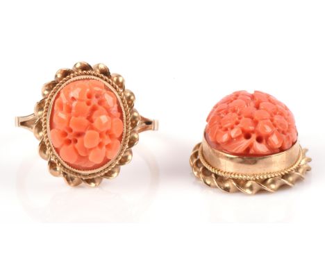 Vintage carved floral coral ring, with wirework frame, in 9 ct mount, hallmarked Birmingham 1979, ring size K 1/2 and a match