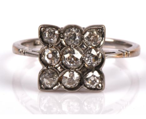 Nine stone old cut diamond ring, square design, set with nine old mine cut diamonds, weighing an estimated total of 1.00 cara