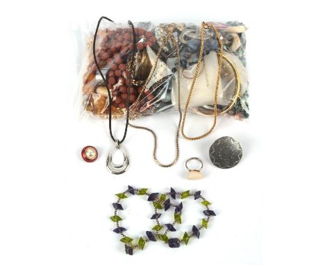 A group of costume jewellery, including beaded necklaces, earrings, rings, brooches, enamel pins, bangles, bracelets, a trink