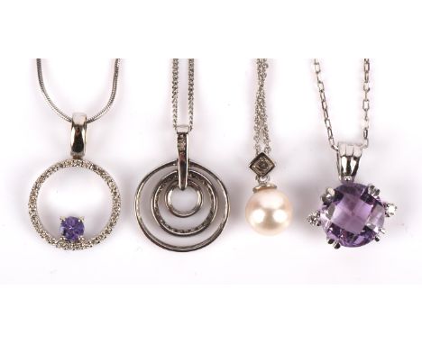 4x gem-set and diamond pendants with chains, consisting of an amethyst and diamond pendant in white metal stamped "18CT", on 