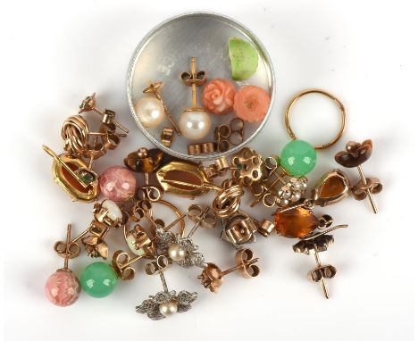 Thirteen pairs of earrings, including opal studs, cameo earrings, pearl cluster earrings and others, together with additional