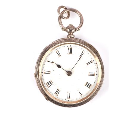 Silver open faced pocket watch, white enamel dial and Roman numerals and minute track, mechanical movement, in a silver case 