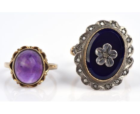 Two rings, including a single stone cabochon amethyst ring in 9 ct, size K½, and blue hard stone ring, set with rose cut diam