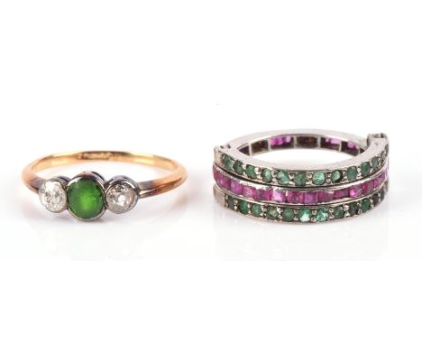 A three stone emerald and diamond ring, in stamped 18 ct, size M, together with an emerald and ruby day and night ring, in si