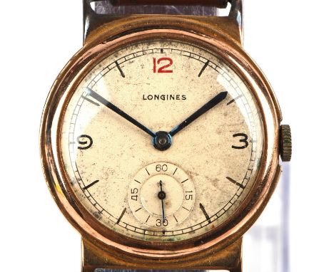 Longines A Gentleman's gold wristwatch,the signed dial with Baton and Arabic numeral hour markers within a Railway minute tra