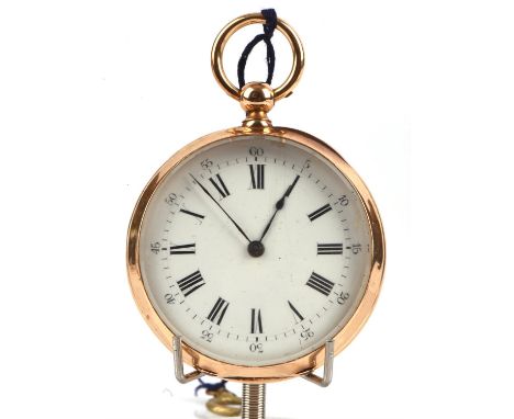 A  gold open face pocket watch the unsigned white enamel dial with Roman numeral hour markers fitted with a key wind movement