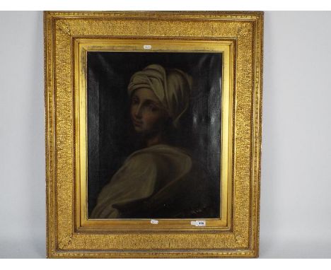 A 19th century oil on canvas head and shoulder portrait of a young girl in a shawl and head dress, framed under glass, approx