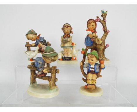 Five Hummel figurines, predominantly children with animals, largest approximately 15 cm (h).