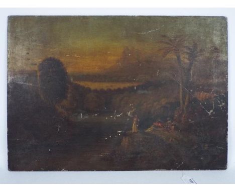 A 19th century oil on board, unframed, landscape scene with figures at leisure to the foreground with a forested and mountain