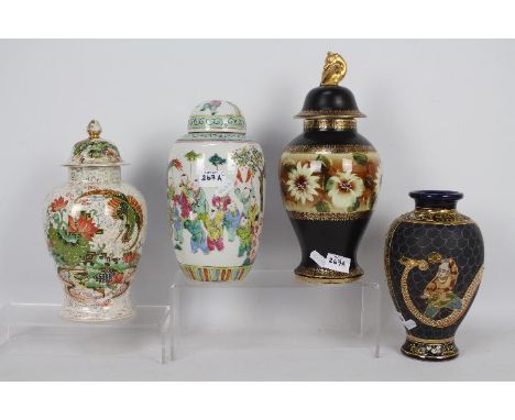 A Chinese vase and cover decorated in the Hundred Boys pattern, Japanese vase and two other vases with covers, largest approx