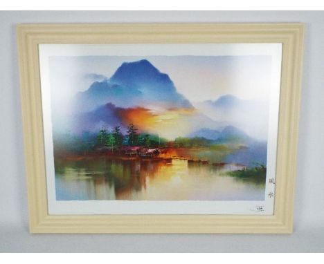 A large framed Oriental print depicting a riverside scene with mountainous background, approximately 45 cm x 66 cm image size