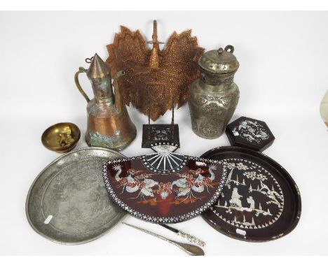 Lot to include a wall mountable candle holder, Kut Hing Swatow pewter tray, inlaid trinket box, mixed metalware to include As