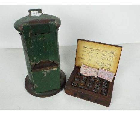 Railwayana - A vintage, green painted, cast iron Edmondson railway ticket dating press by Waterlow &amp; Sons London, numbere