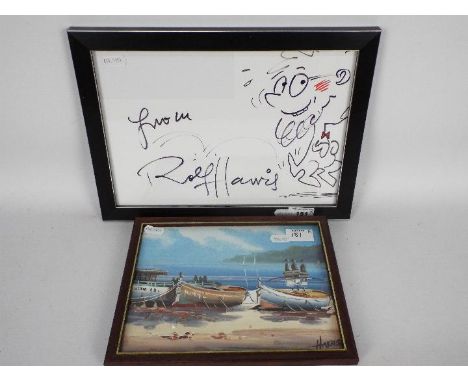 A small oil painting depicting boats on a beach, signed lower right Harris, framed under glass, approximately 17 cm x 22 cm a