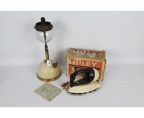 A Tilley table lamp with cream coloured, dome base and a boxed Tilley Paraffin Pressure Domestic Iron. [2]