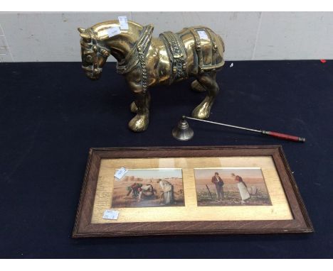 A large brass mid 20th Century carthorse, along with a print and candle snuffer