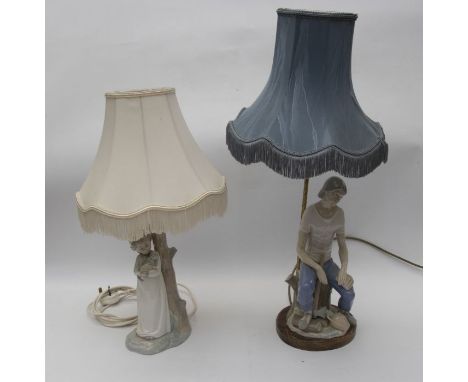 A large Lladro style table lamp modelled as a wood cutter seating on a stump, with blue shade on wooden base, the body 35cm h