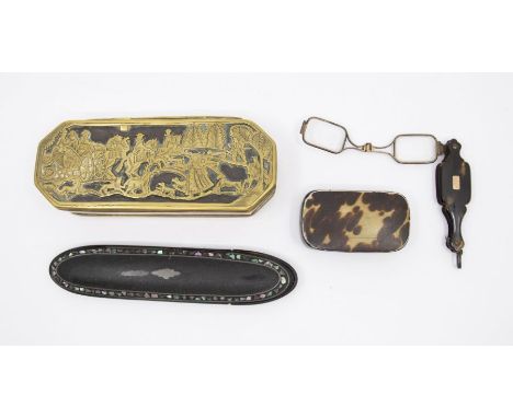 A brass and copper 19th Century box with coaching scene to top and underside, together with a snuff box, lacquered and inlaid