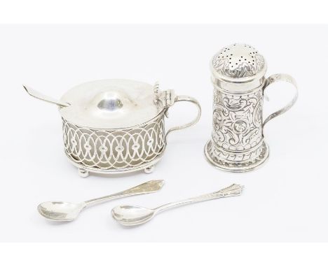 A collection of silver to include: a Victorian silver dredger salt, the body chased with foliate scrolls, C-scroll handle, pi