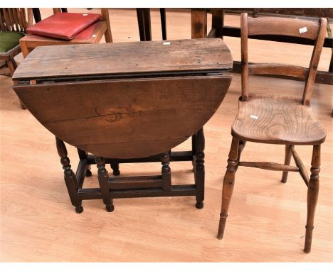 Small early 18th century drop leaf oak gate leg table along with small oak 19th century chair