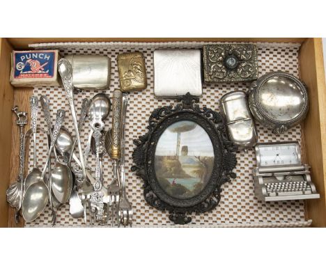 A collection of plated teaspoons, table salt compact and vesta cases