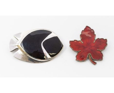 Meka - two Modernist Danish silver and enamel brooches, comprising a red enamel leaf brooch, size approx 40mm, Marked Meka St