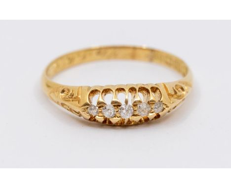 A five stone diamond and 18ct gold ring, boat head setting, ring engraved 23/12/1905, size Q, total gross weight approx 2.36g