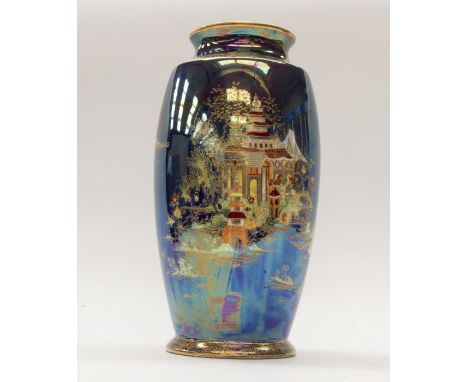 A Carltonware pattern no: 2950 large baluster vase, cobalt blue ground decorated with figures and Pagodas within landscape, g