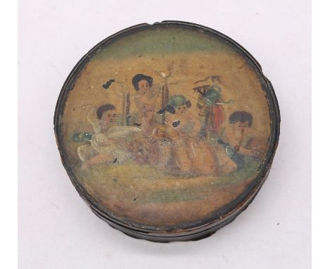 A 19th Century papier mache snuff box painted with children and a bear (AF)&nbsp;