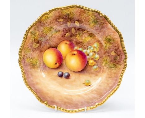 A Royal Worcester cabinet plate, decorated with apples, grapes and sloes, with bramble style background, gilt border, signed 