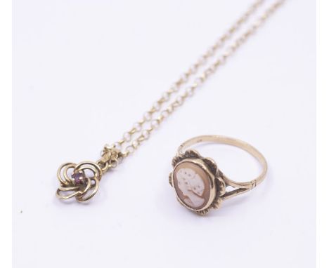 A collection of to include a ruby set knot pendant and  fine link chain,  length approx 16'', together with a ladies cameo ri
