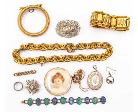 A collection of jewellery to include Victorian style silver locket, cross, along with later items including Chinese gilt brac