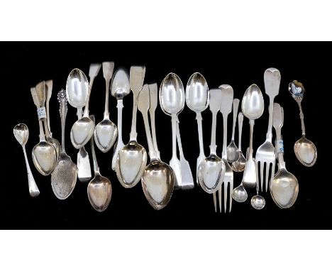 A collection of 19th &amp; 20th Century silver miscellaneous flatware to include: fiddle pattern dessert and teaspoons, pair 
