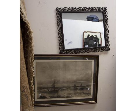 Cast iron framed wall mirror, 58 x 68cm,&nbsp; along with coastal boating framed print, W. Meredith