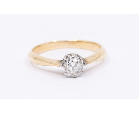 A diamond and 18ct gold solitaire ring comprising a cushion shaped old cut diamond approx 0.30ct, assessed clarity Si2, claw 