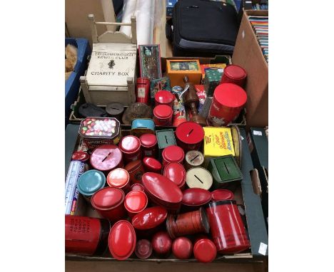 A collection of vintage Post Office pillar box money boxes, along with other vintage money boxes