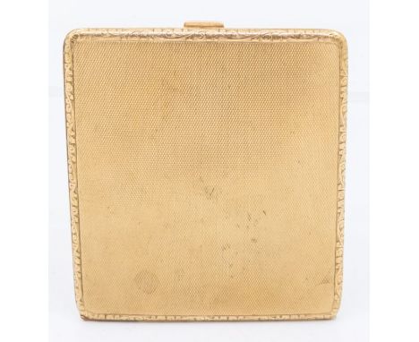 A 20th century  9ct gold cigarette case, rectangular with rounded corners, engine turned decoration with scroll rim, size app