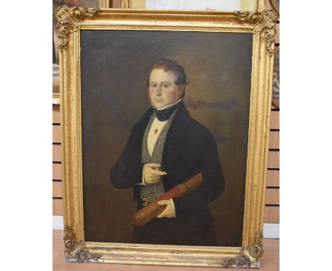 19th Century School possibly Irish Portrait of a young Gentleman holding a telescope, 3/4 lengthoil on canvas, 96 x 74cm, gil