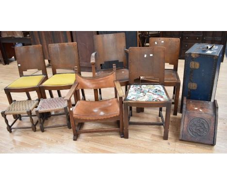Mahogany log box with liner and shovel, some losses present, two woven top small stools, Victor wardrobe luggage trunk and fi