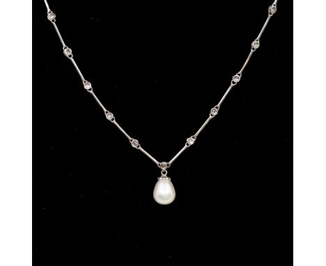 A pearl and diamond set 18k white gold necklace, comprising a pear shaped cultured pearl drop, round brilliant cut diamond se