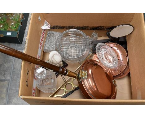 A collector's lot to include:early 20th Century brass warming pan; chesnut pans; shoe hornArt Deco style model of a woman hol