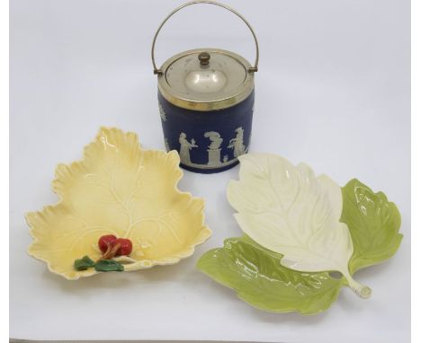 Two ceramic leaf dishes, one is Carlton Ware and blue and white Wedgwood biscuit barrel with silver plated mount, lid and han