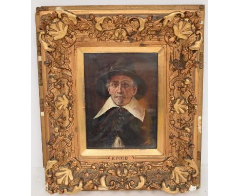 F Fuchs,19th Century, Continental School, portrait of a Puritan, oil on board, unsigned, 20 x 15cm, in later gesso frame